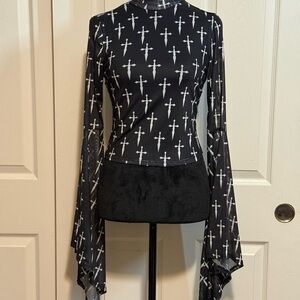 Gothic Black Mesh Top with White Cross Pattern And Bell Sleeves